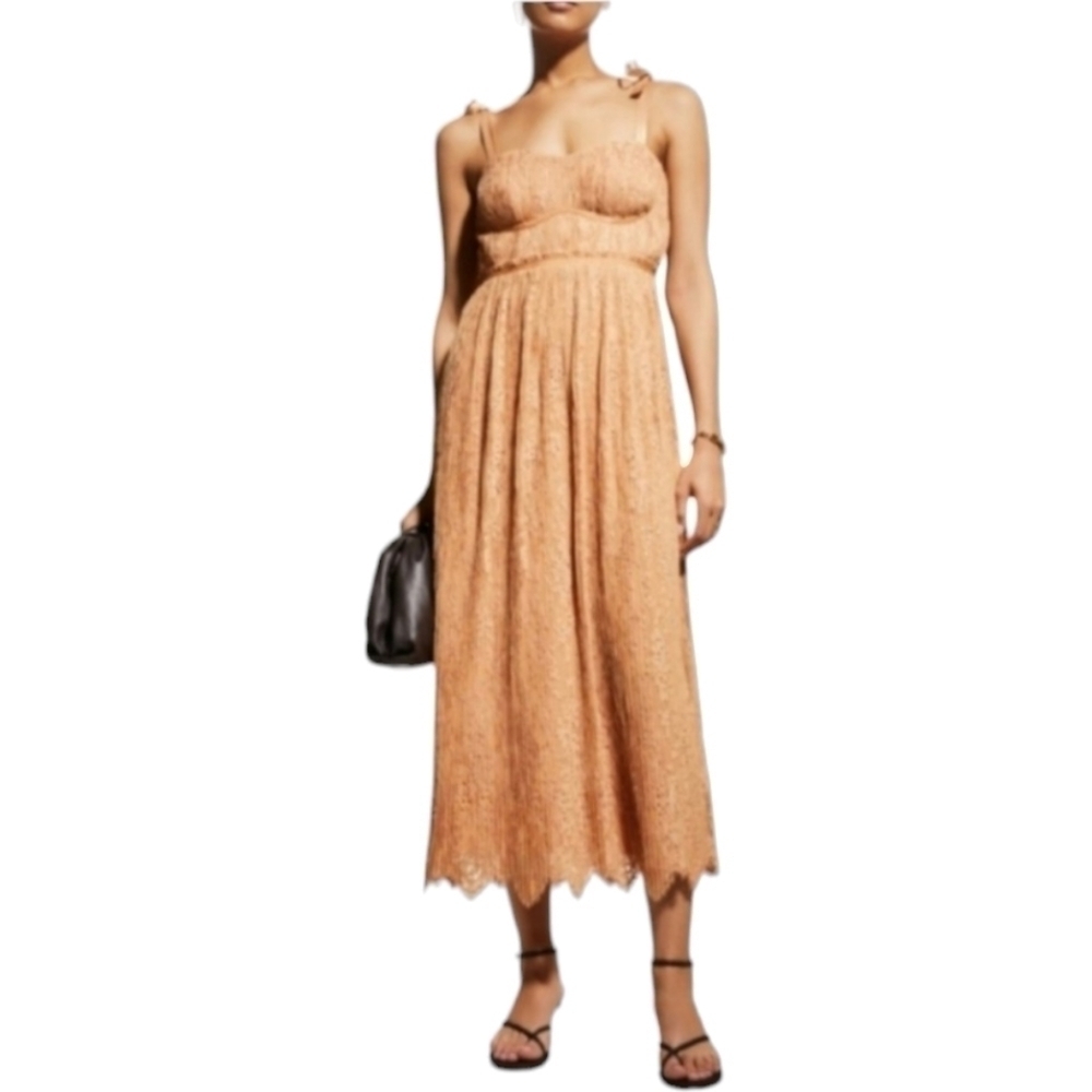 Jonathan Simkhai Silk Lace Plisse Bustier Dress, Size 6, Butterscotch, NWT